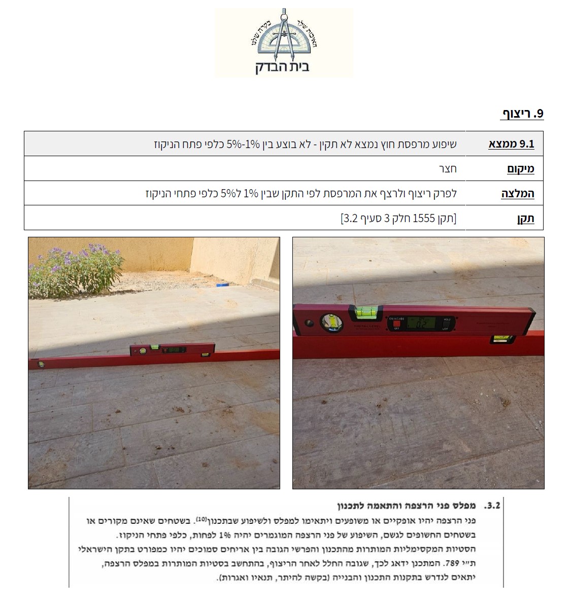 שיפוע מרפסת לא על פי תקן